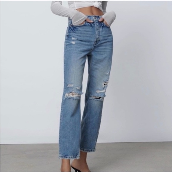 Zara Denim - ZARA The Bliss Straight Leg Distressed Jeans Button Fly